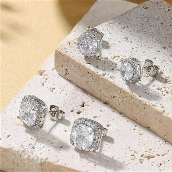 18K Gold Plated Stud Earrings Set Round Square CZ Sterling Silver Hypoallergenic - Picture 6 of 7